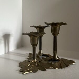 Trio Brass Holly Petal Candle Holder